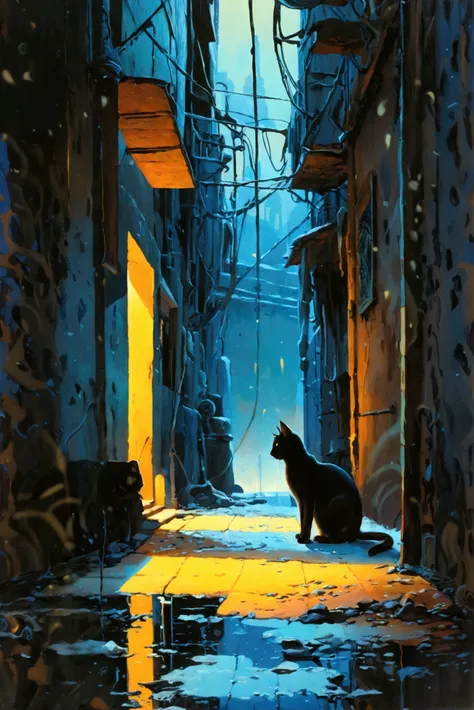 Light shining into a dark alley 、 there is a picture of a black cat there, Highly detailed panel cutting, Moebiusにインスパイアされた,  Precisely Drawn Details , Kilian Eng. Moebius, Detailed close-up, Extremely Detailed Image ,  Moebius comic style , Mobius Art ,  ...