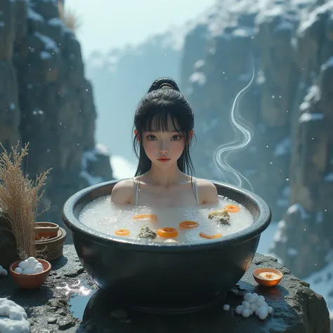 Live-Action, (XLabs F.1 Realism LoRA V1), Professional commercial PHOTO, UltraDetailed wallpaper, Extremely Detailed middle teen Bishoujo bathing in huge Donabe pot, Boiling with fire, Various ingredients, Haunting Beautiful Reflective Eyes. cliff hanging ...