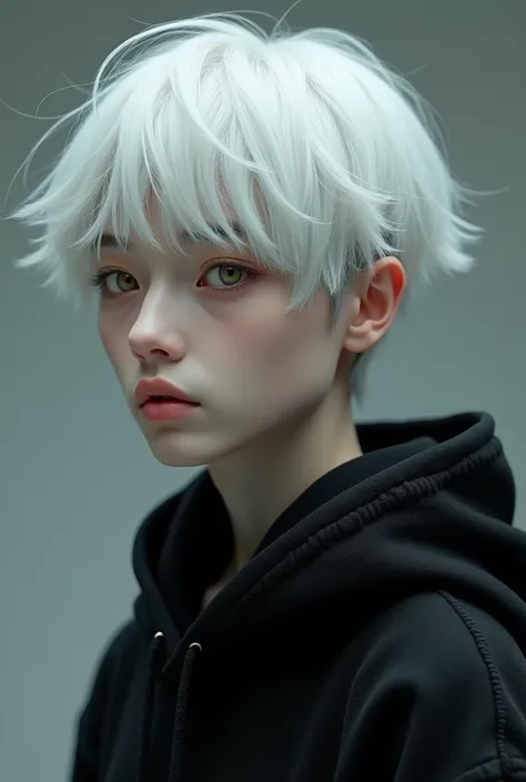 Generate image of a delicate androgynous young man, around 19 years old, with snow-white hair and light amber eyes, wearing a black hoodie