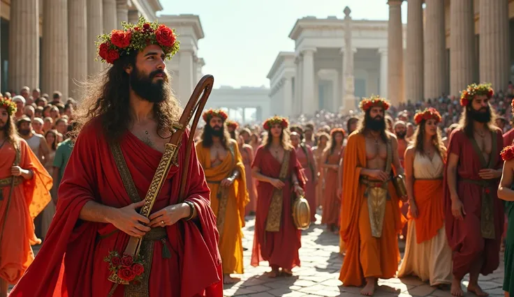 Greece. 6th century BC . Crowd parades in the Dithyrambs .  Procession in honor of the god Dionysus. god of wine. 