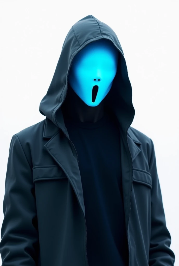 male character, hooded, cyberpunk , wuth a neon blue mask, more simple art, white background , dont showing his face, tue mask dont have mouth
