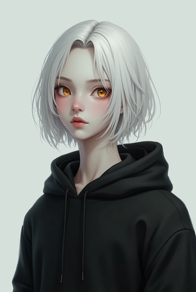 Generate image of a delicate androgynous young man, around 19 years old, with shoulder length snow-white hair and light amber eyes, wearing a black hoodie