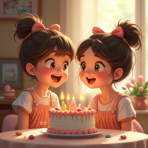 two girls talking cute with a cake birthday