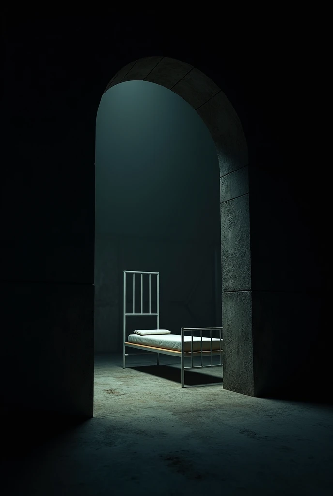 Prison cell without bars with black background,  can be seen on the outside and that it is realistic and that it is in nothingness, that 