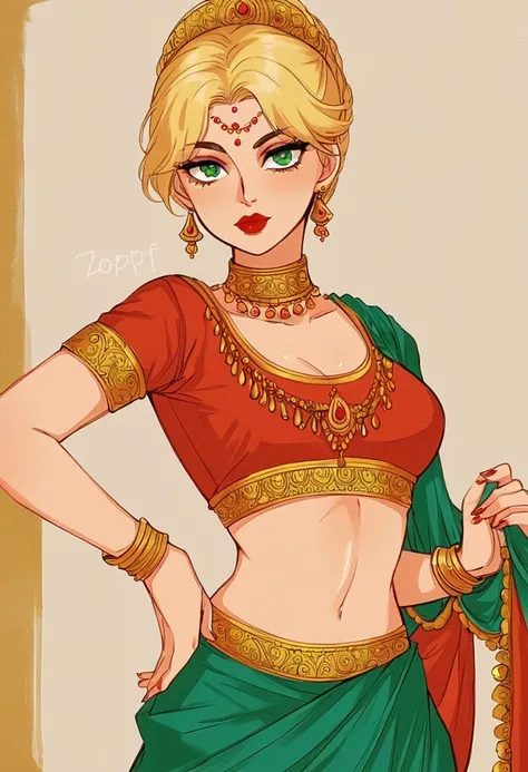 napoleonic girl cute and sexy blonde, sari, crop top,  bindi, eyeshadow, lipstick, zopf