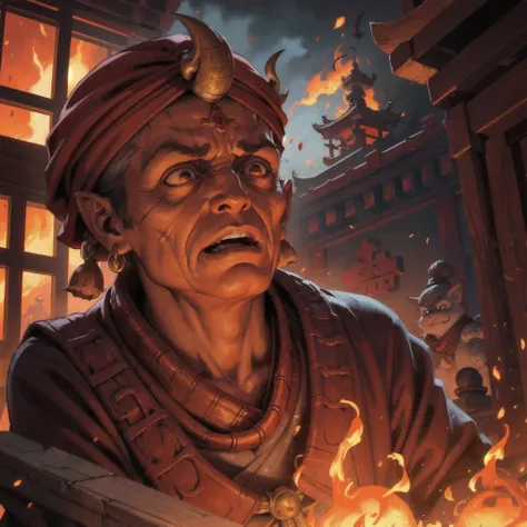  from below portrait ,   ugly old red gargoyle with long and fastened ears looking into the distance,ancient cartoon  , wrinkles, scars,  bright red, jewelry, turban,  animal anatomy , rico,   in a Japanese temple  , Warm Light, Fire and Flames, chaos,  pa...