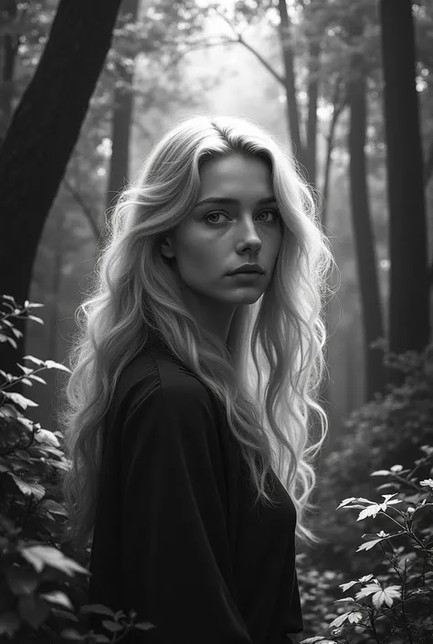 with long blonde hair in a forest, black and white colours style
