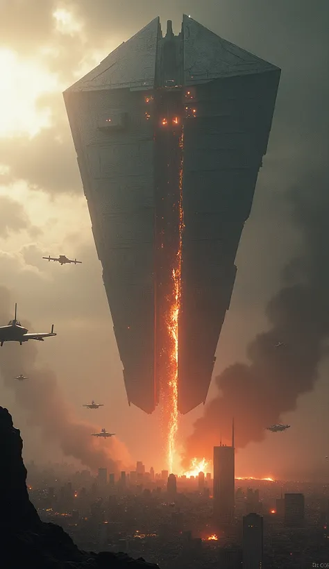 The Iron Colossus

A monolithic spaceship, shaped like a jagged blade, pierces Earth’s atmosphere with fiery trails. Its surface glows with molten cracks, and its arrival causes the ground to quake as massive shockwaves ripple outward. It hovers above majo...