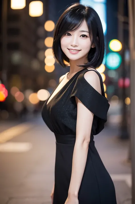 "A beautiful 40-year-old Japanese woman with shoulder-length black hair and a gentle smile. She has a graceful, elegant appearance and wears a chic, modern outfit. The background is a softly lit urban setting with a bokeh effect. Highly detailed and realis...