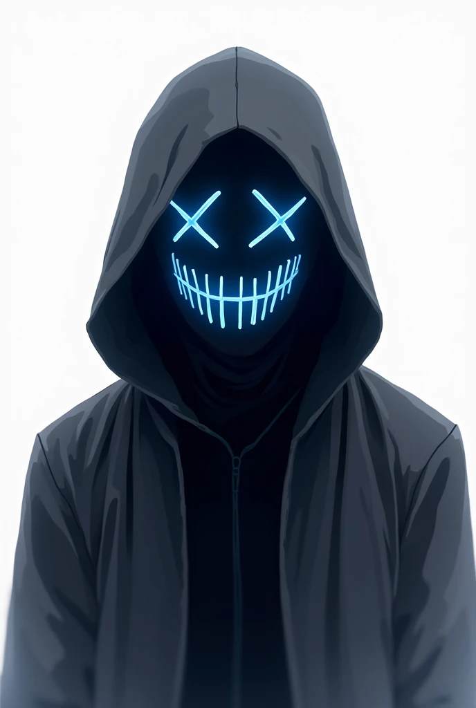 male character, hooded, cyberpunk , wuth a neon blue mask, more simple art, white background , dont showing his face, cool cyberpunk mask
