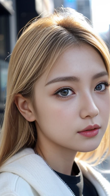 UHD, textured skin, super detail, best quality, 8k、(from front, look at viewer)、 Japanese woman with a viewing angle of、20-year-old woman、 happy blonde gal in downtown Shibuya、 gal makeup、Portrait of a 