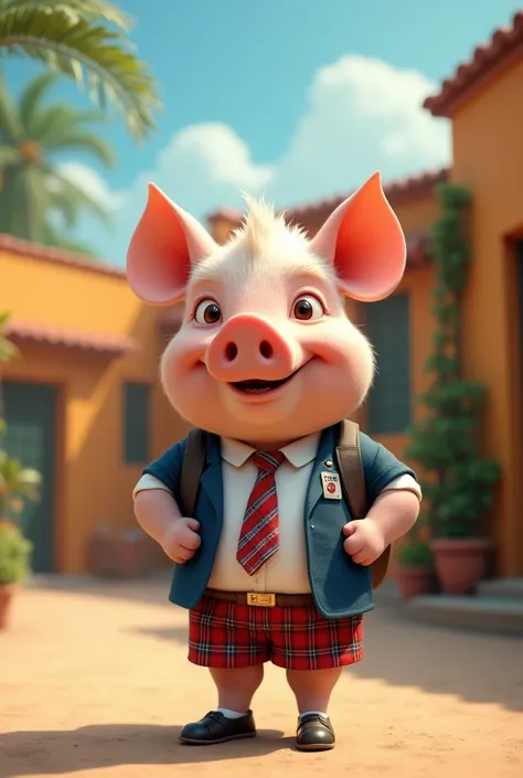 A pig in a Latin American school uniform 