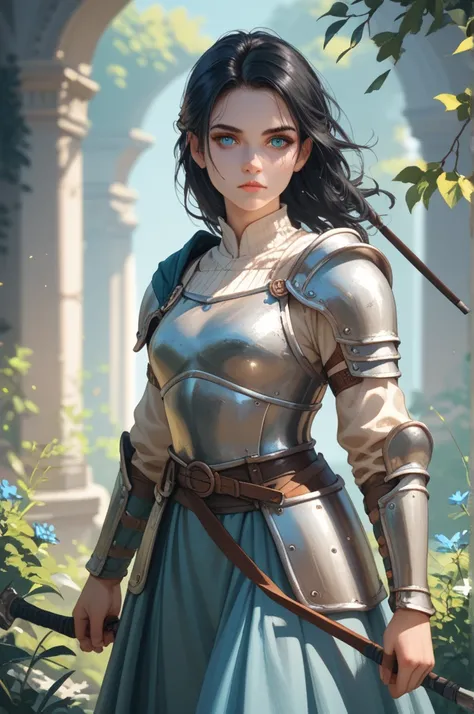 1 girl, archer, light armor, skirt, beautiful girl, black hair, blue eyes, pale skin, bow