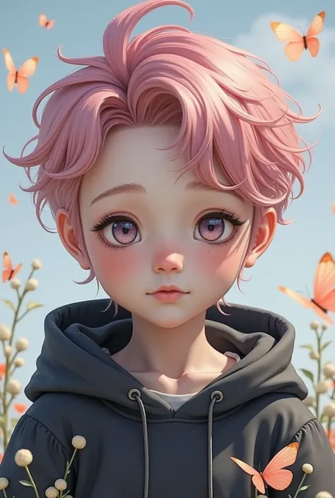 Make realistic photos of cute pink haired boys