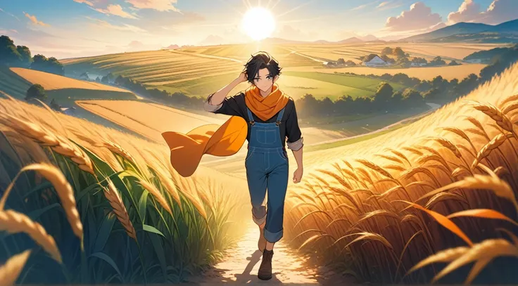 Anime boy, black hair white hair bangs, elf, green eyes, wheat field, detailed, ((anime man)) blue dungaree, black shirt, orange scarf around the neck, fullbody, flowers, nature, plants, warm background, masterpiece, anime, twitch banner, vtuber, illustrat...