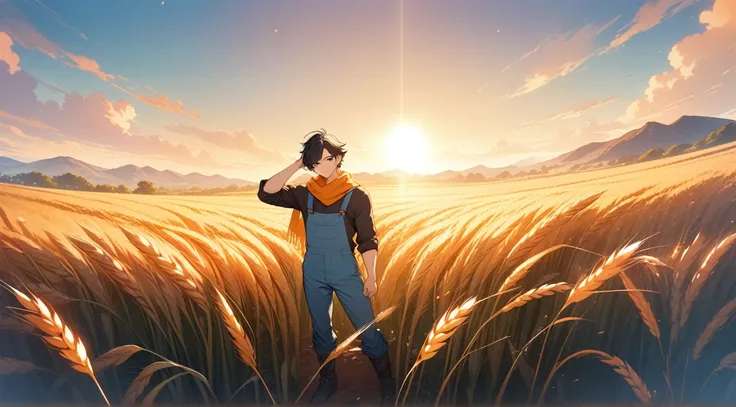 Anime boy, black hair white hair bangs, elf, green eyes, wheat field, detailed, ((anime man)) blue dungaree, black shirt, orange scarf around the neck, fullbody, flowers, nature, plants, warm background, masterpiece, anime, twitch banner, vtuber, illustrat...