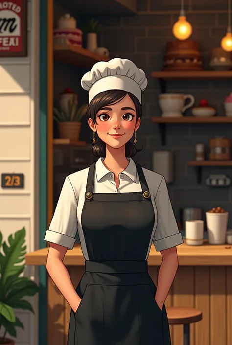 Draw a 48-year-old woman in with a black apron , with no oriental features ,  kitchen cap on the head and in front of a coffee shop with the predominant colors of the black and yellow setting. 
 I also want you to add some elements that appear in the image...