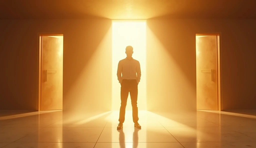 A serene and uplifting depiction of a man standing confidently in a glowing, peaceful environment. The scene reflects inner authenticity and self-belief, with bright, golden light emanating around them, symbolizing positive energy and new opportunities. In...