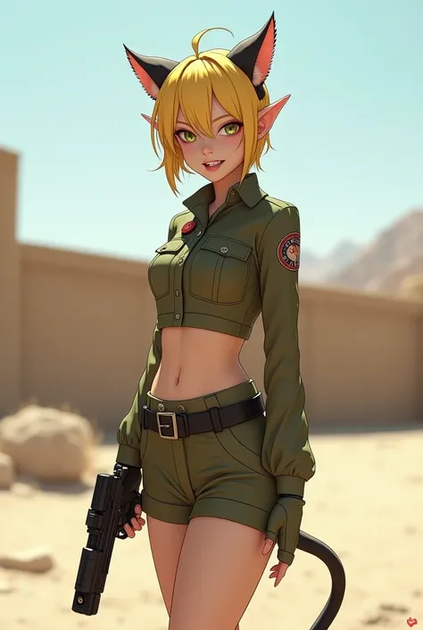 4k, Medium-sized, thin elf Girl, , light skin, light eyes, military suit, short hair, wall in the background, clear sky, arid sound, Looking at the camera, Medium round firm breasts, has a cat tail, yellow hair, long hair, gentle look, hands with claws, sh...