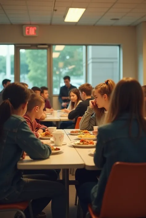  people in the cafeteria looking with curiosity and amazement or bewilderment at something that happens, (You cant see that something )  only their eyes looking in a direction to the left of the image are on different tables, not everyone looks some are re...