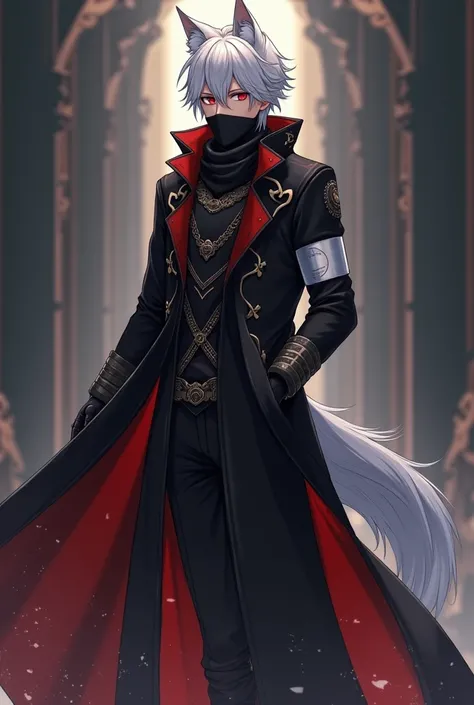 ((masterpiece, anime)) wolf boy, 24 years old, long wolf tail,Meninol ,  Short white hair with white tips , beautiful, thin,  dark priest with black and red cover , red eyes, Cultist, Alone, a character, long clothes.   Black bandana covering the mouth and...