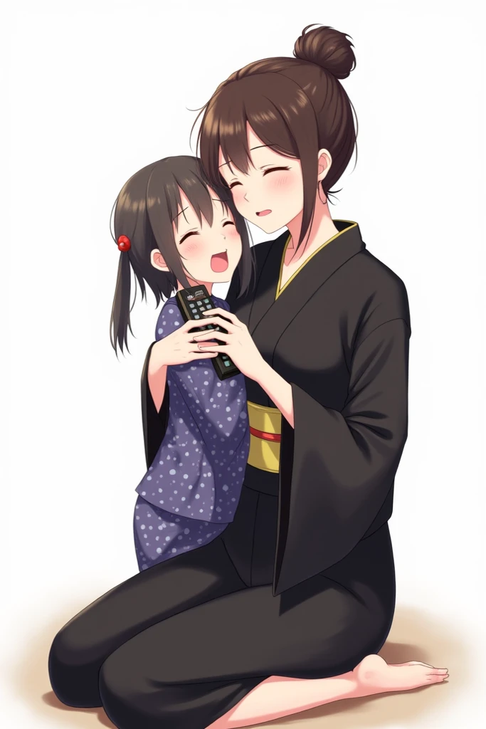 Mother with black yukata and flowers daughter anime high school image with a television remote control white background and full body with an emotion of joy and embracing the TV control 

And Presenting control with joy and nervousness on the cheek without...