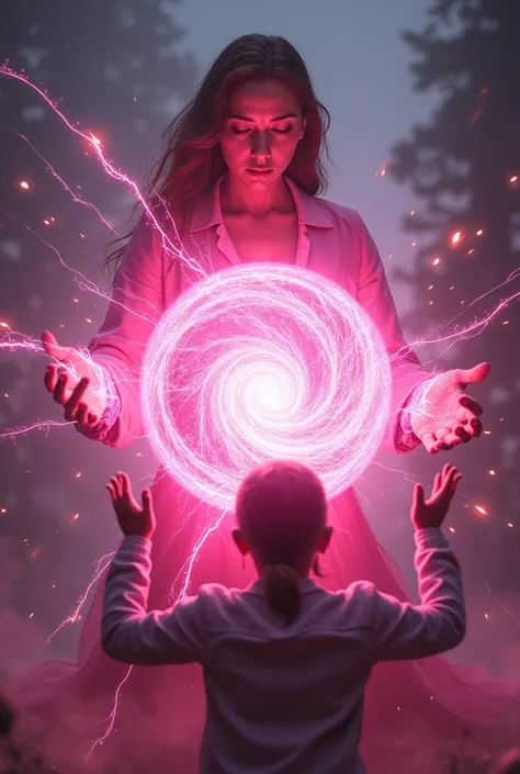 Do powerful magic coming out of someone a little further away and I want more magic and more brightness bait a ball of energy coming out of the hand of a woman with all that pink energy I want her to play on someone and that person to absorb that energy 