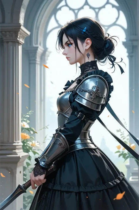 1 girl, archer, gothic light armor, black skirt, beautiful girl, blone hair, blue eyes, pale skin, bow, side profile