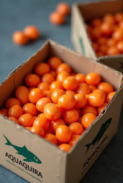  large transport box for a company dedicated to the production of eggs of trout its company name is Aquaquira, in cardboard boxes , Where the image of the small orange fish eggs of the trout are in the box