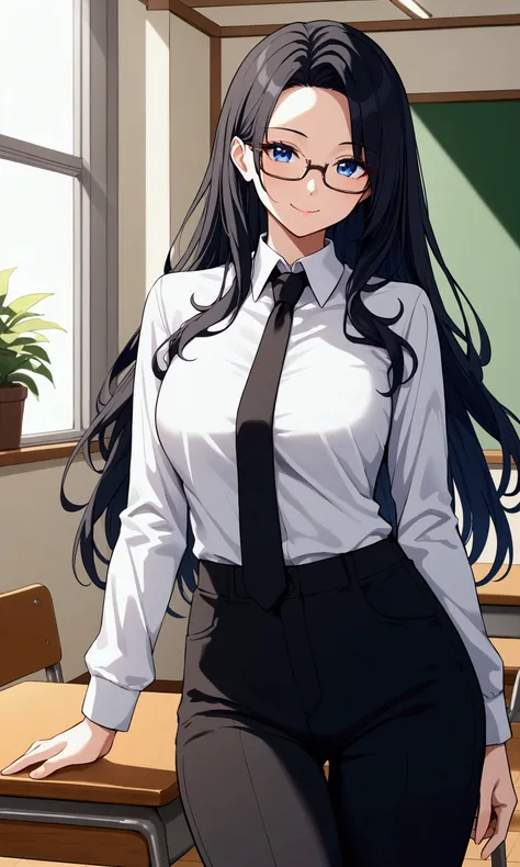 Anime teacher, twenty aged woman, blue eyes, glasses, smile, Black long hair, black tie, white shirt, black trousers