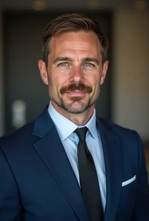 Male with short brown hair wearing blue suit with black tie and short brown mustache and beard with a photographer Background  