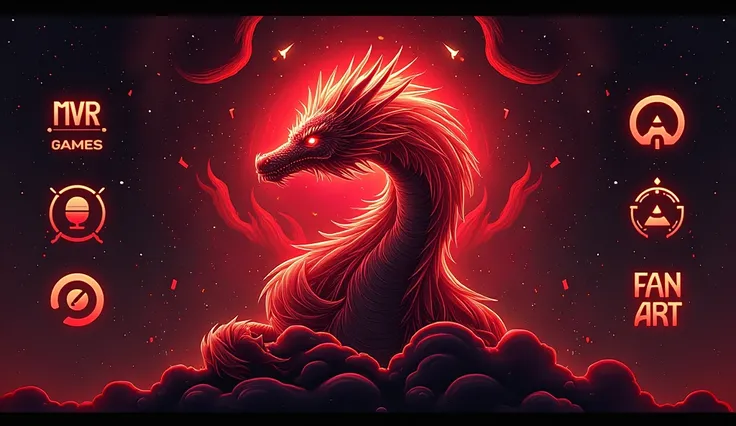 Make a modern banner design with a red Dragon image and a mixture of black and it says MVR with the Games logo shape, Memes logo shape, Microphone logo shape, Chat room logo shape, fan art logo shape on the side. and uses a Galaxy background with Riot Game...