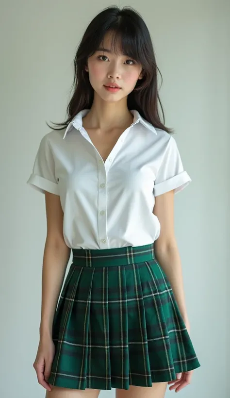 Beautiful Japanese nogizaka female, looks like famous model, school uniform, white collared-shirt, short sleeve, green tartan plaid pleated skirt, mini skirt, long socks, shoes,,  (gigantic breasts), cleavage, 