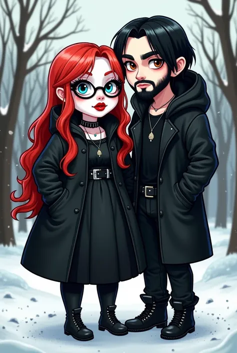 A goth couple in winter 
The girl is FAT , has white skin with red lipstick long lashes and red hair and blue eyes with black glasses also full of black clothes
The boy is a Rammstein fan has full of black clothes black hair long hair has a beard with a li...