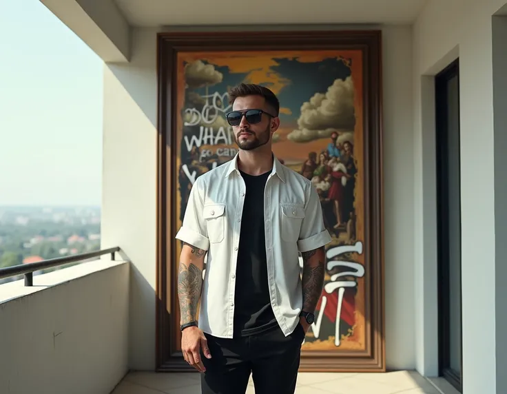 A confident man standing on a modern indoor balcony, wearing a white button-up shirt over a black t-shirt, dark sunglasses, and showcasing a vibrant, artistic framed painting. The painting features a renaissance-style artwork with dramatic clouds and figur...