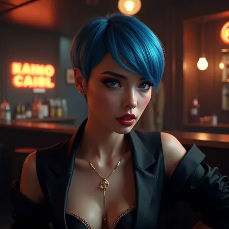 femme les cheveux courts bleu dans une bar photo realiste 