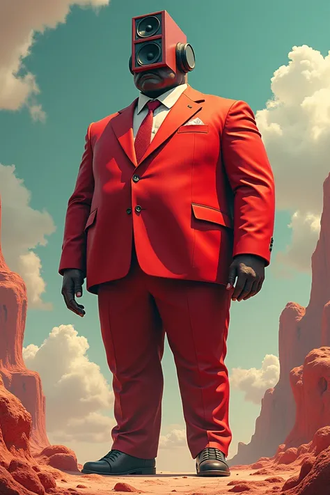 A big person with a speaker on his head in a red suit 