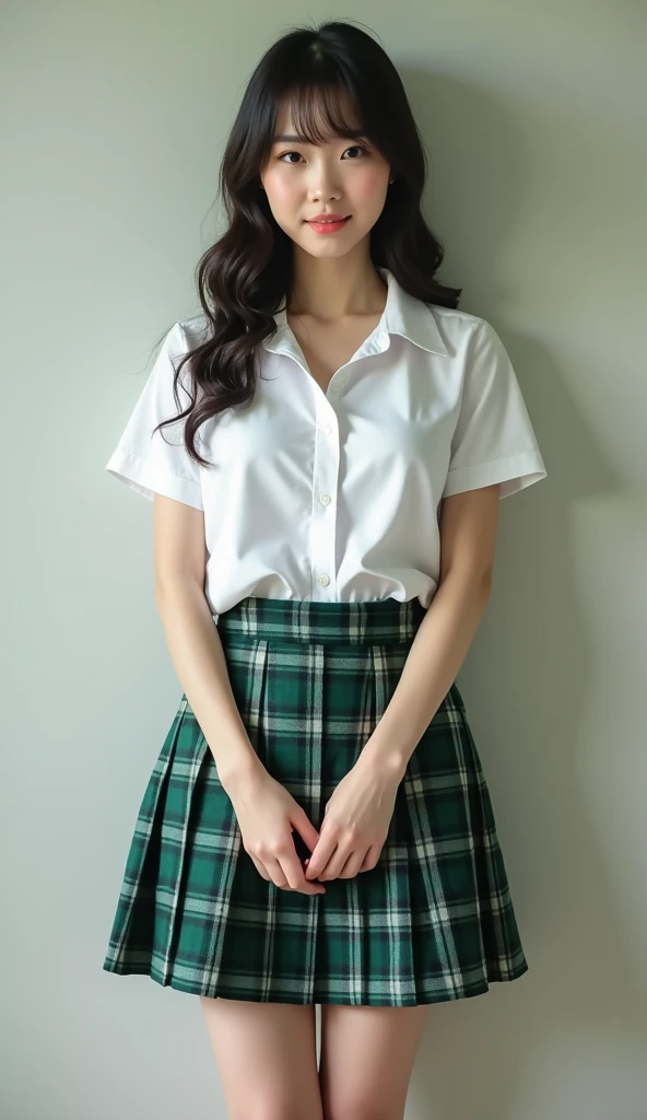 Beautiful Japanese nogizaka female, looks like famous model, school uniform, white collared-shirt, short sleeve, green tartan plaid pleated skirt, mini skirt, long socks, shoes,,  (gigantic breasts), cleavage, from directly above, 
