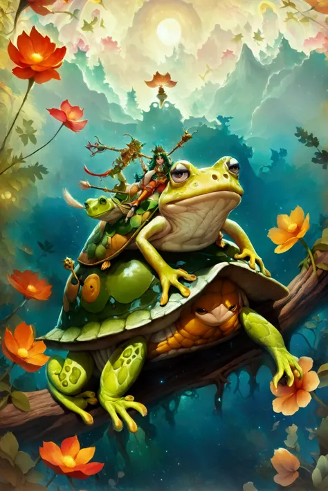  There is a cartoon picture of a poisonous frog riding on a turtles back,  An illustration inspired by James Christensen ,   CG Society Contest Winners  ,  Maximalism , Rakib Shaw , Folk illustration , King of Poison ,   Colorful Illustrations  ,  Colorful...