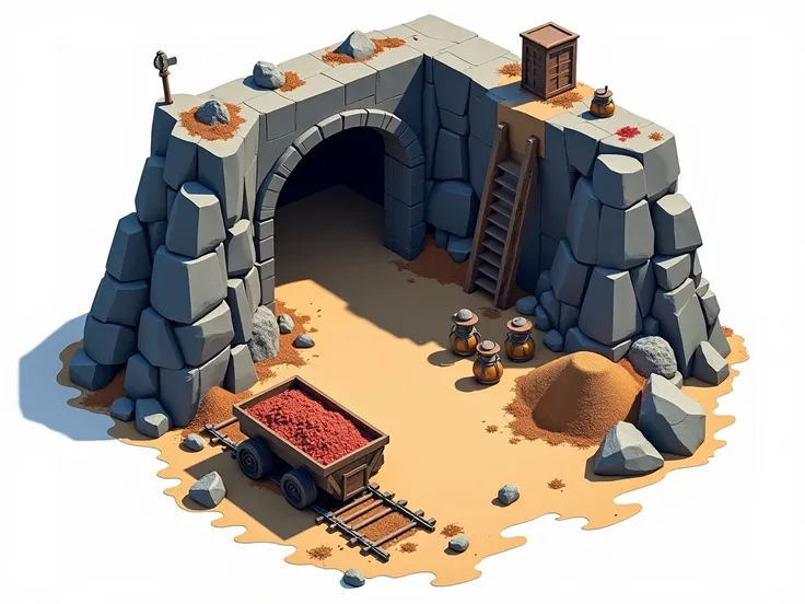 A modern top-down view of a mining area on a white background. The scene features an open mine shaft surrounded by piles of rocks and ores, a small wooden cart on rails, and mining tools like pickaxes and lanterns scattered around. Shadows cast towards the...