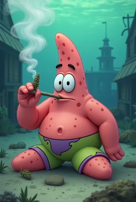 Patrik from SpongeBob with a cannabis joint in his hand