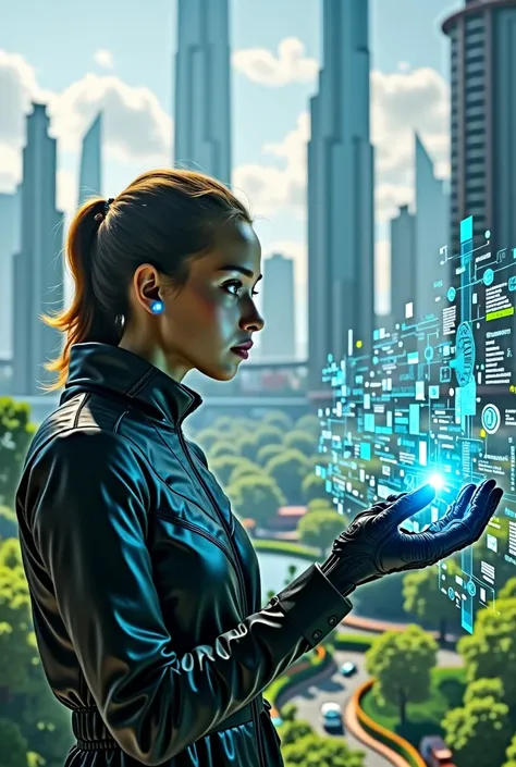 Act like a professional graphic designer in hyperrealism and builds an image of a person (AI engineer) for environmental conservation, creating algorithms with 3D lenses and a futuristic, ecotechnological city in the background. 