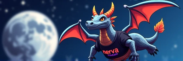  A complete scene of a cartoon dragon wearing dark gray scales /blue,  red-orange horns and wingtips and black athletic-style clothing with " Nerva Mascot "  written in dark / purple on the chest .   The dragon is confident  ,  displaying a bold and dynami...