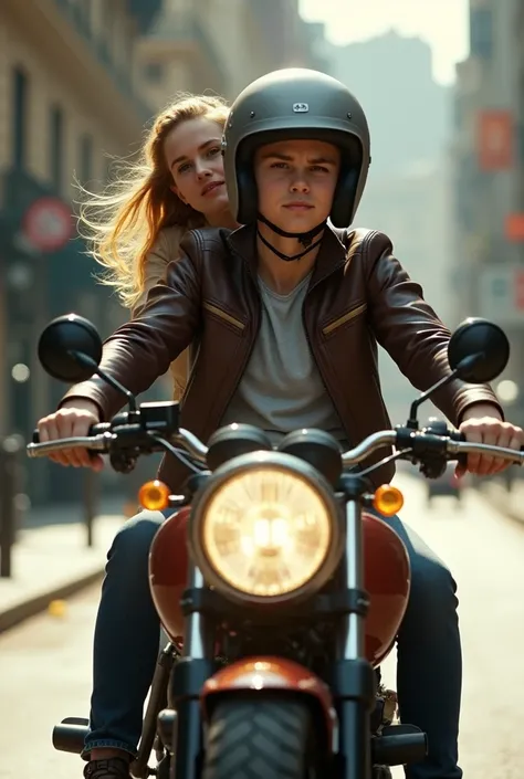 Emma Watson with a blond boy on a motorbike,The one with a helmet and she without a helmet 