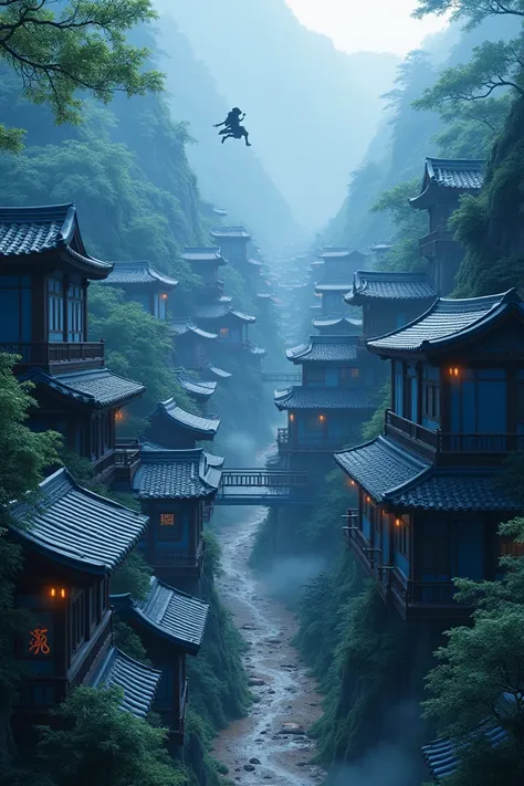 A village of ninjas with blue houses
