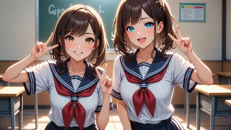 Two high school students, classroom,    happy   , v sign,    school uniform 