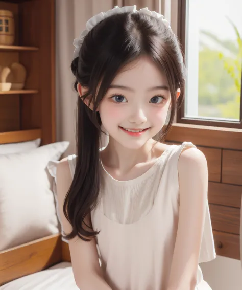 maid,cute pretty girl,masterpiece,high definition,4k,8k,16k,chignon hair,brown hair,skinny,thin body,smile