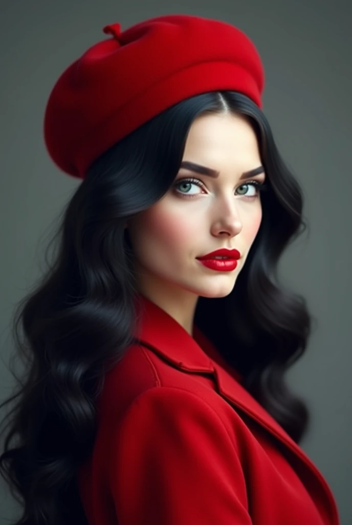 Real image of a beautiful Russian woman with long black hair with elegant waves, upturned nose, beautiful woman,  white skin ,  sapphire blue eyes , beautiful makeup ,  red lips,  wearing an elegant red beret with an elegant red jacket , gray background,  ...