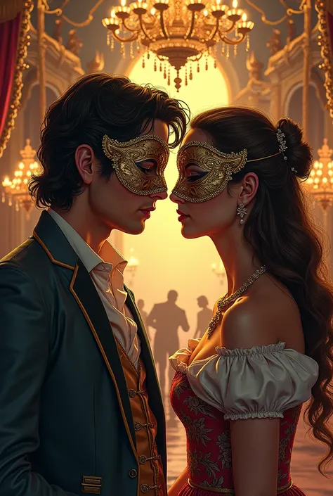 Show Romeo and Juliet locking eyes amidst a lively ball scene, with masks and dancing figures in the background. Their expressions should reflect love at first sight.. In the novel romeo and juliet  style graphic novel