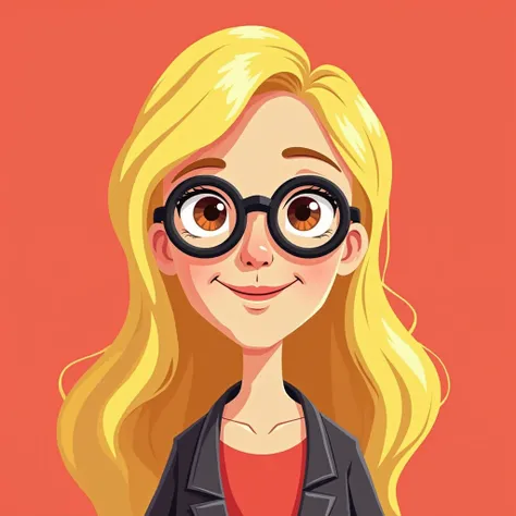 Create  illustration of a animation character whos a middle age women with blond long hair, round glasses and brown eyes. The character is set against a simple only one color background. In a nostalgic 2000s cartoons art style. The countour lines are black...